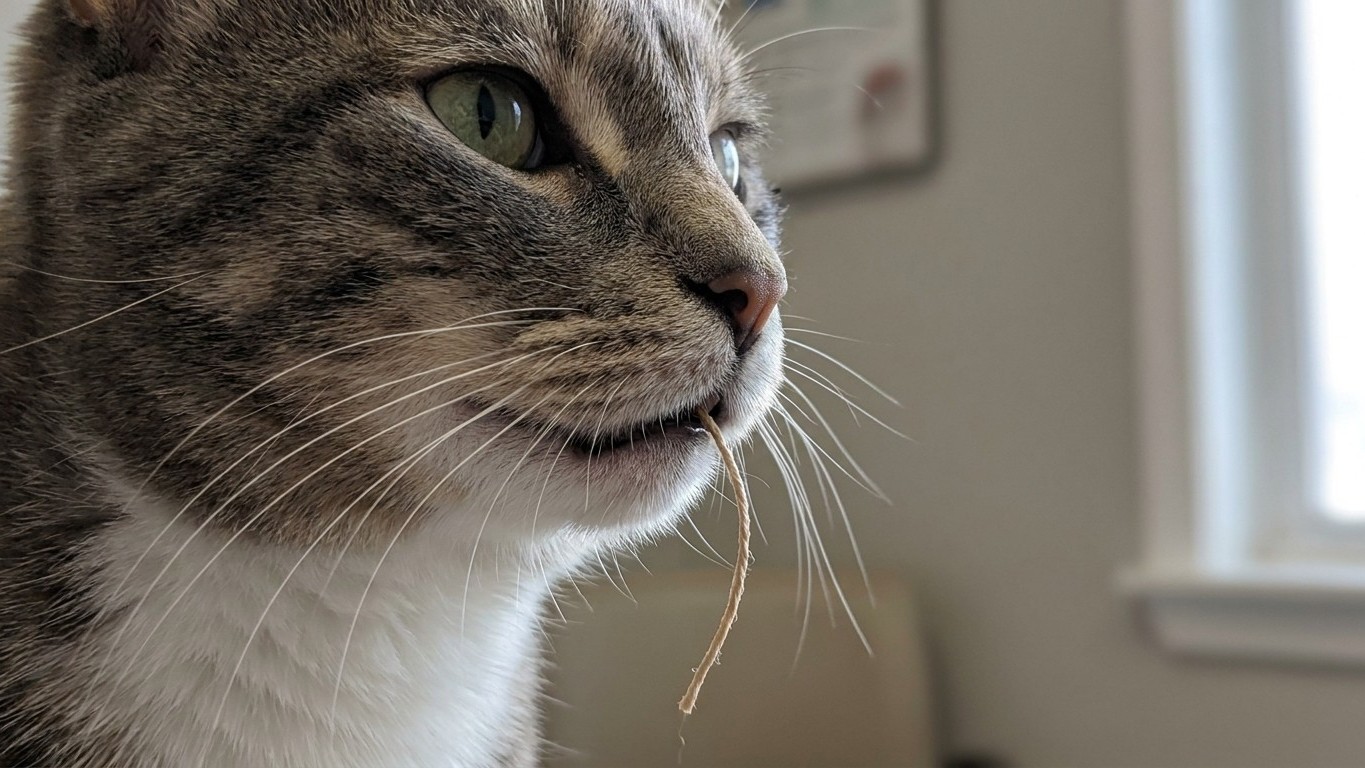 I gently pulled the piece of roasting string hanging from my cat's mouth just to help him: the vet told me those two secon...