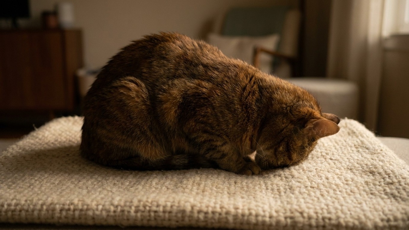 My old cat purrs every evening curled up in the same tight ball, and it has never been because she's comfortable