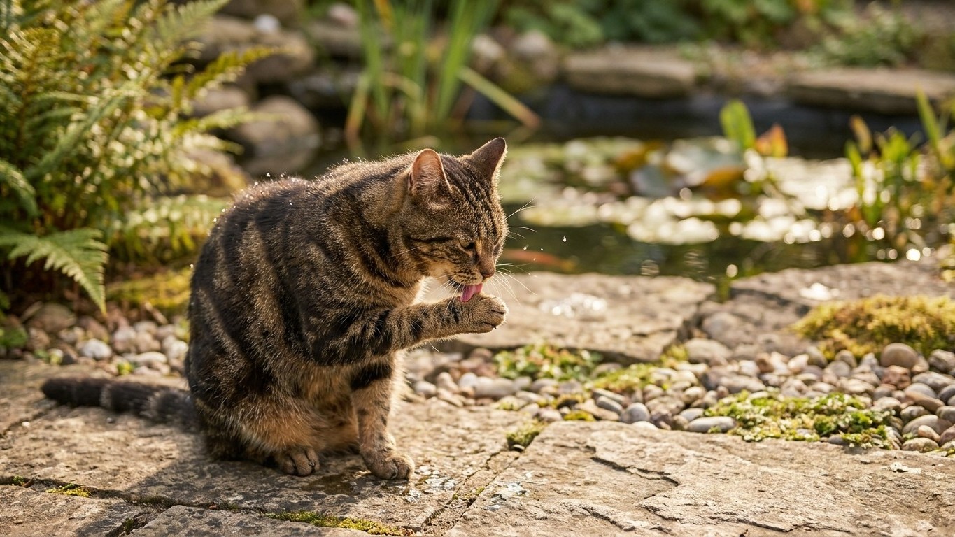 Your cat licks its paws after walking around the pond and you find it clean: vets read a whole other message in that gesture